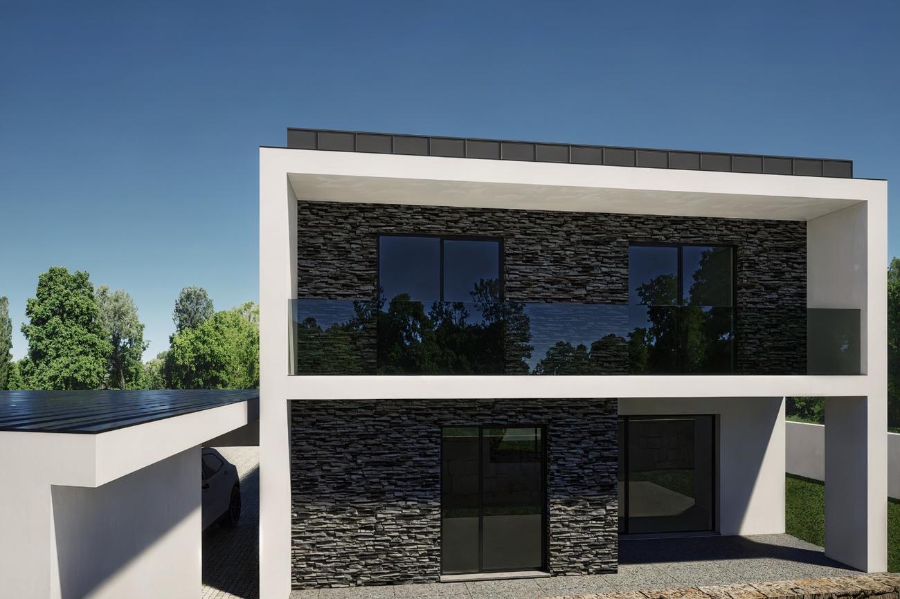 Imagem 3D da Casa da Quintela, Penafiel — frente da moradia com pedra escura e varanda envidraçada