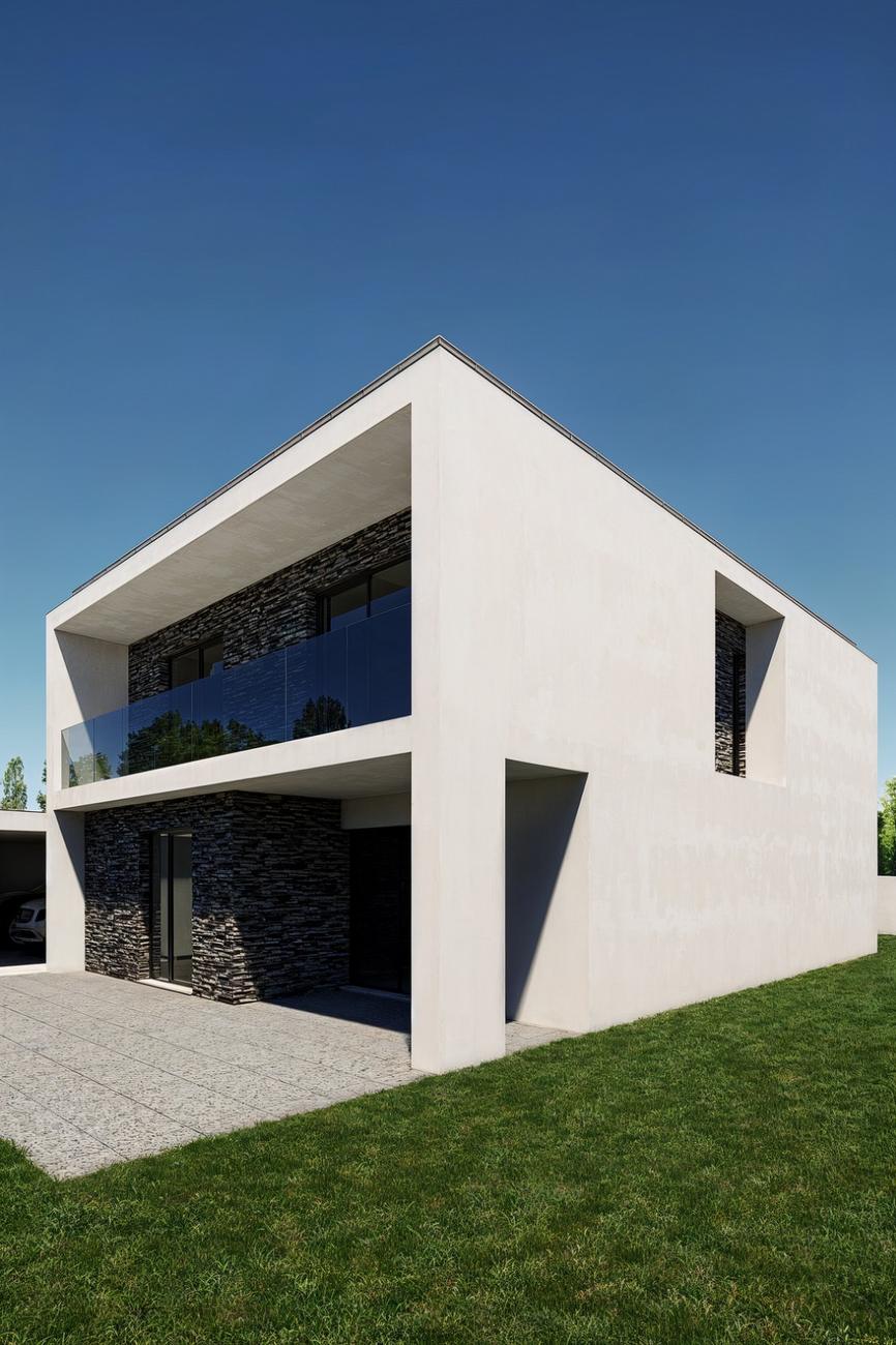 Moradia contemporânea de volumes brancos — Casa da Quintela, Penafiel (imagem 3D)
