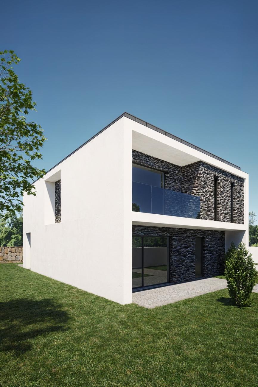 Fachada lateral com relvado — Casa da Quintela, Penafiel (imagem 3D)