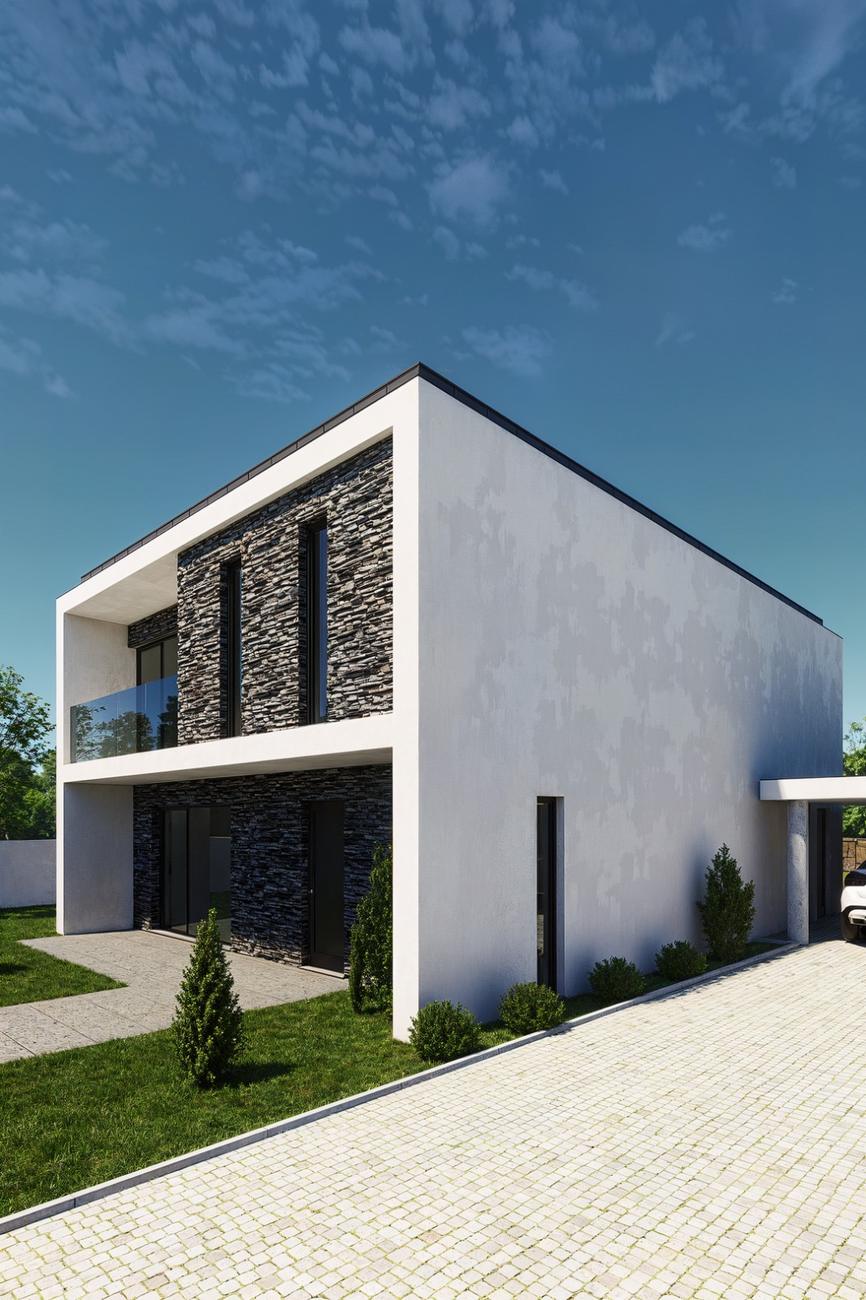 Moradia vista da rua em perspetiva — Casa da Quintela, Penafiel (imagem 3D)